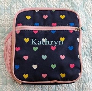 USED Pottery Barn Kids Mackenzie Lunch Bag/Box Blue/Pink w/Hearts Name: KATHRYN 